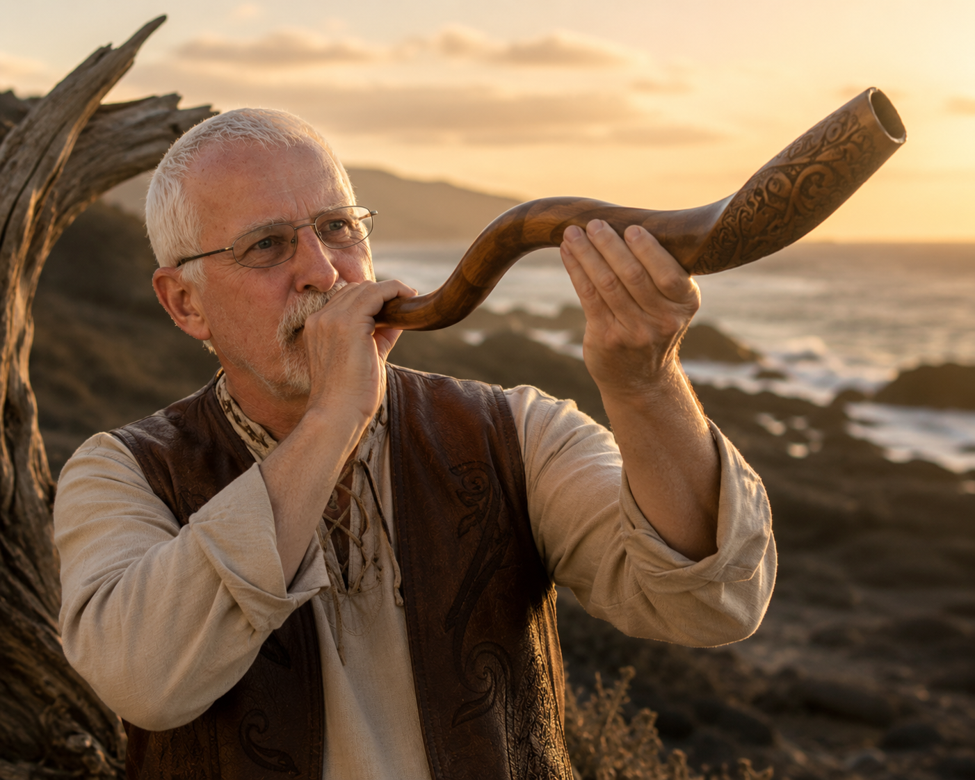 Steve sounding a handcrafted shofar
